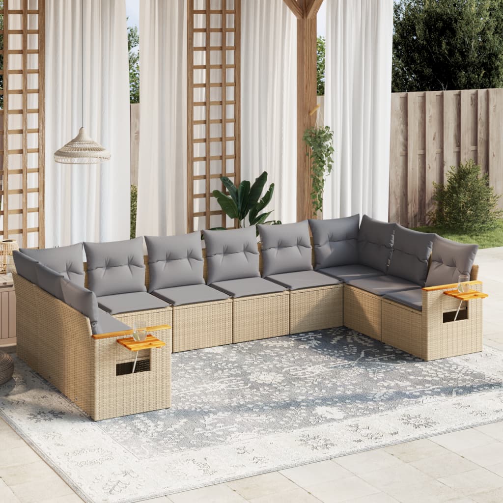 vidaXL 10-tlg. Garten-Sofagarnitur mit Kissen Beige Poly Rattan