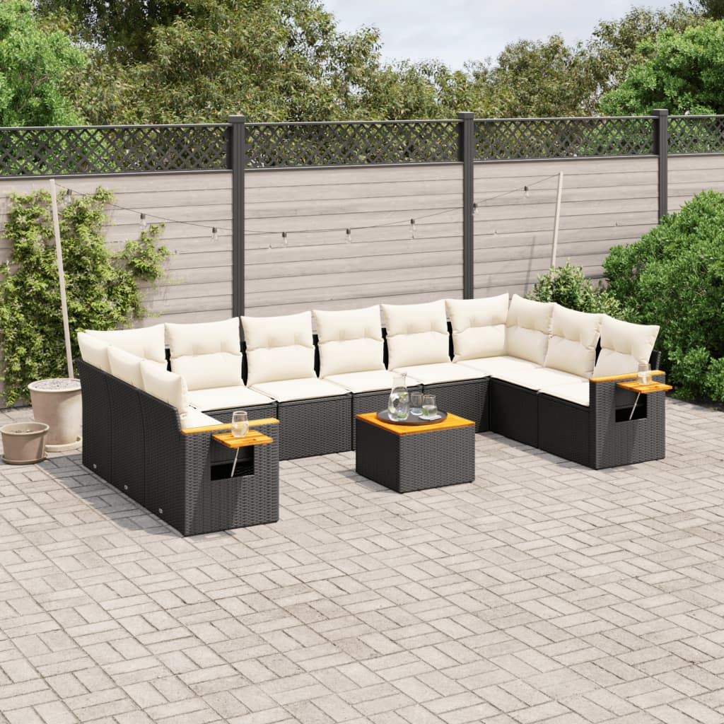 vidaXL 11-tlg. Garten-Sofagarnitur mit Kissen Schwarz Poly Rattan