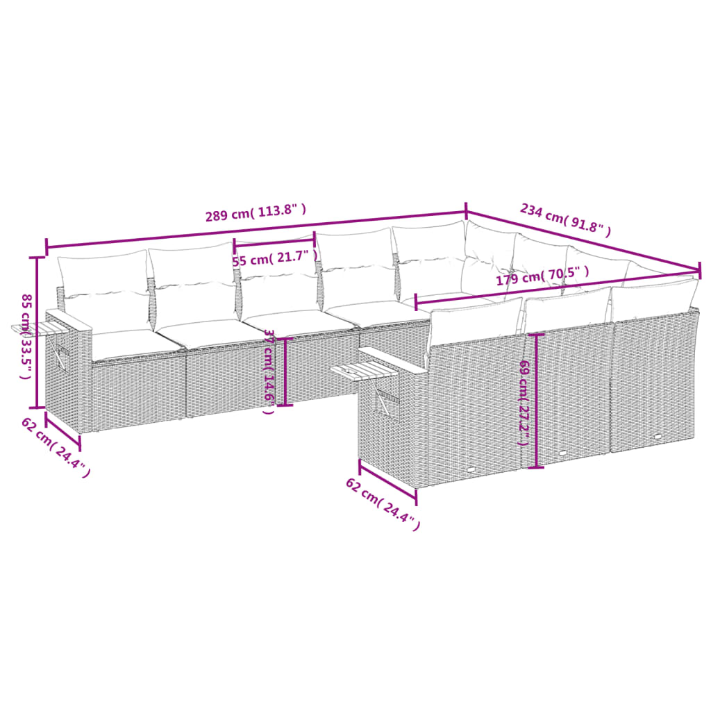 vidaXL Set Divano da Giardino 10 pz con Cuscini Grigio in Polyrattan