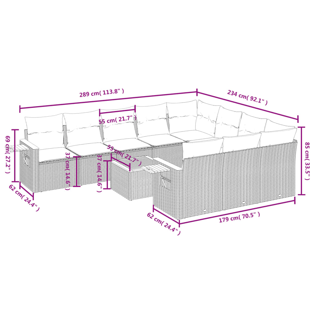 vidaXL 11-tlg. Garten-Sofagarnitur mit Kissen Beige Poly Rattan