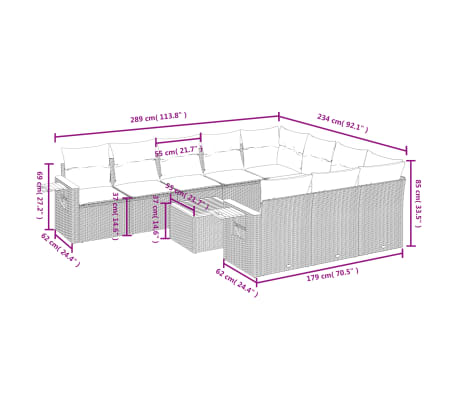 vidaXL 11 pcs conjunto sofás de jardim c/ almofadões vime PE bege