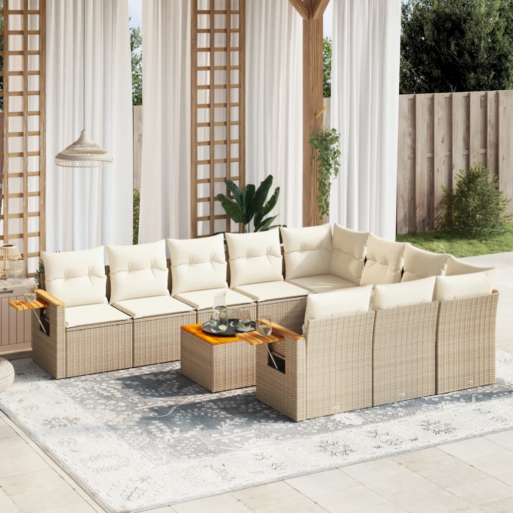 vidaXL 11-tlg. Garten-Sofagarnitur mit Kissen Beige Poly Rattan