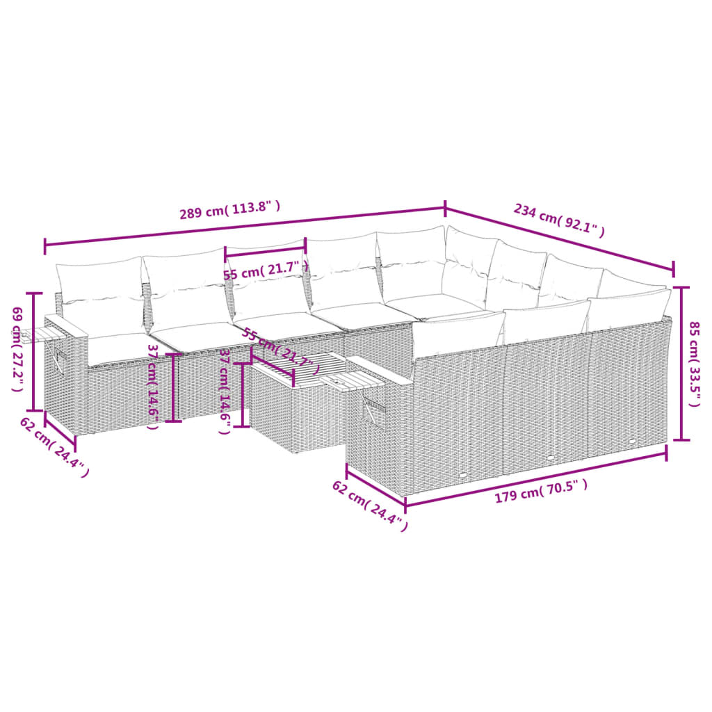 vidaXL 11-delige Tuinset met kussens poly rattan beige