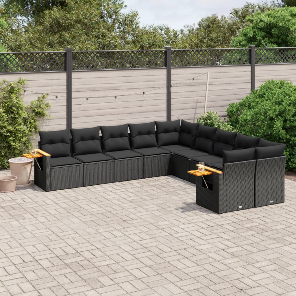 vidaXL 10-tlg. Garten-Sofagarnitur mit Kissen Schwarz Poly Rattan