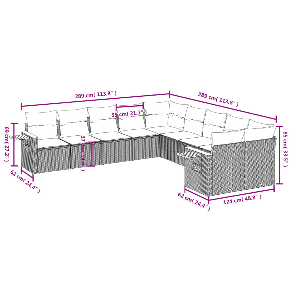 vidaXL 10-delige Loungeset met kussens poly rattan beige afbeelding