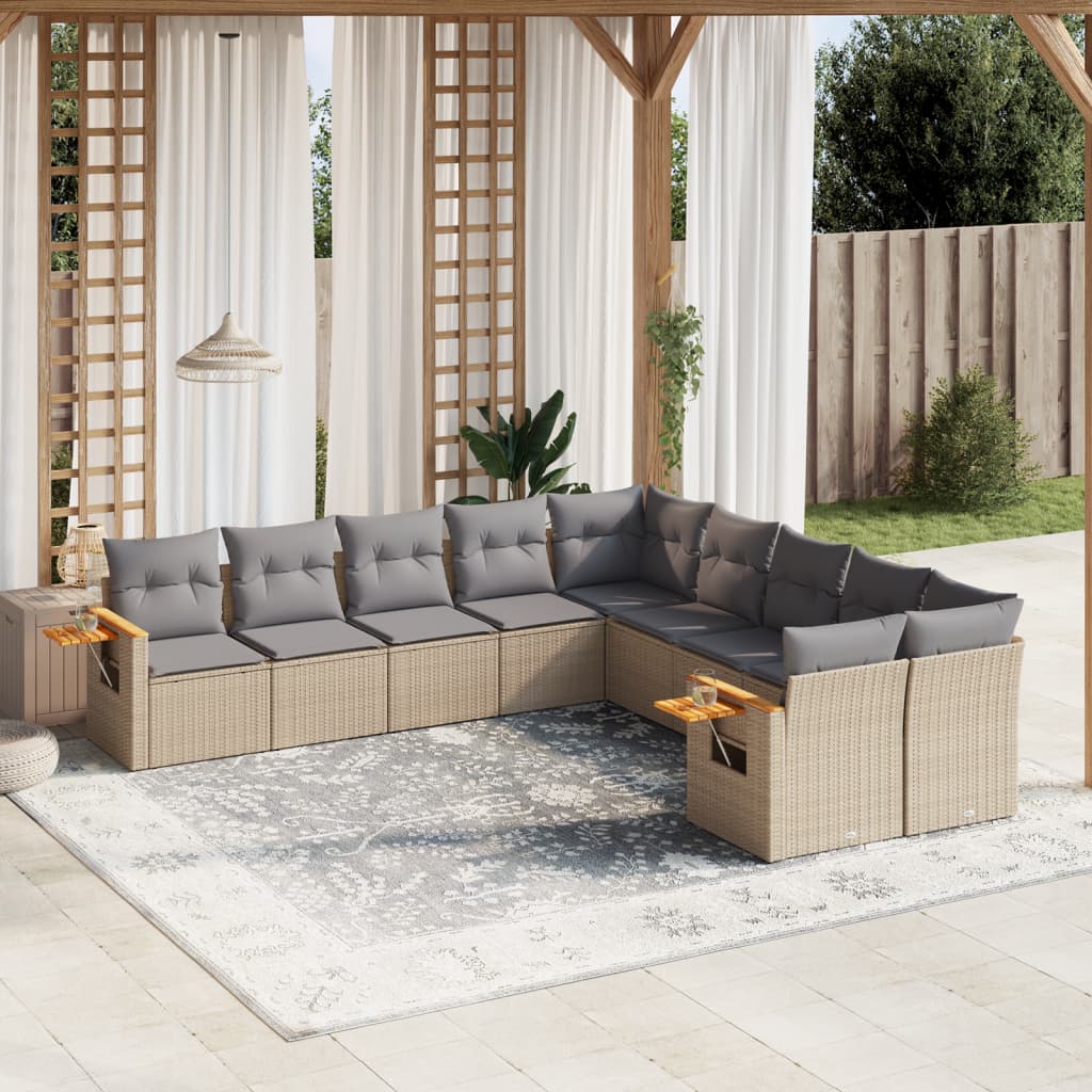 vidaXL 10-tlg. Garten-Sofagarnitur mit Kissen Beige Poly Rattan