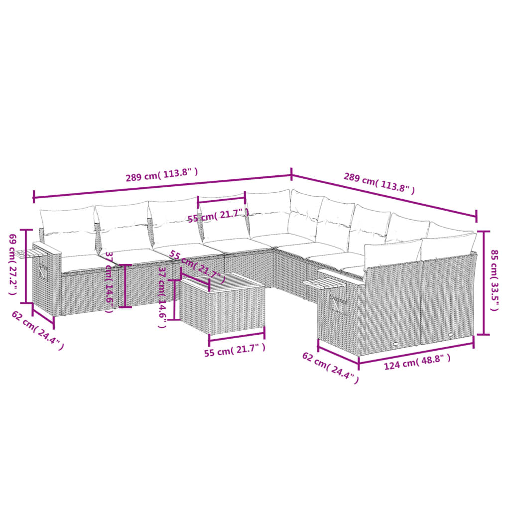 vidaXL 11-delige Tuinset met kussens poly rattan beige