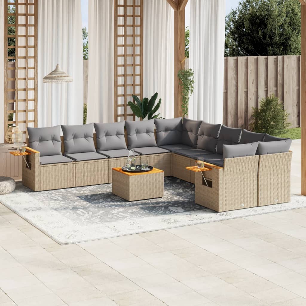 vidaXL 11-tlg. Garten-Sofagarnitur mit Kissen Beige Poly Rattan