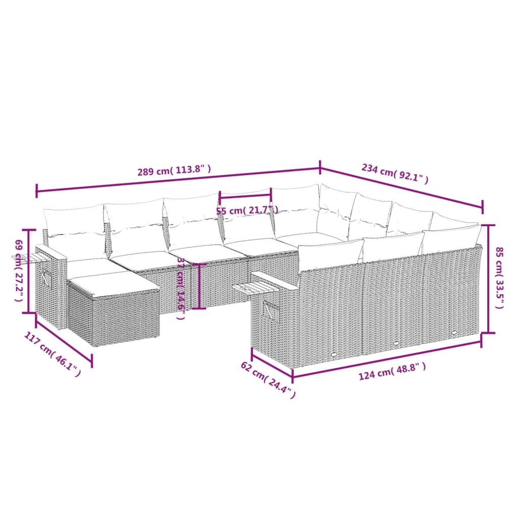 vidaXL 11-delige Tuinset met kussens poly rattan beige