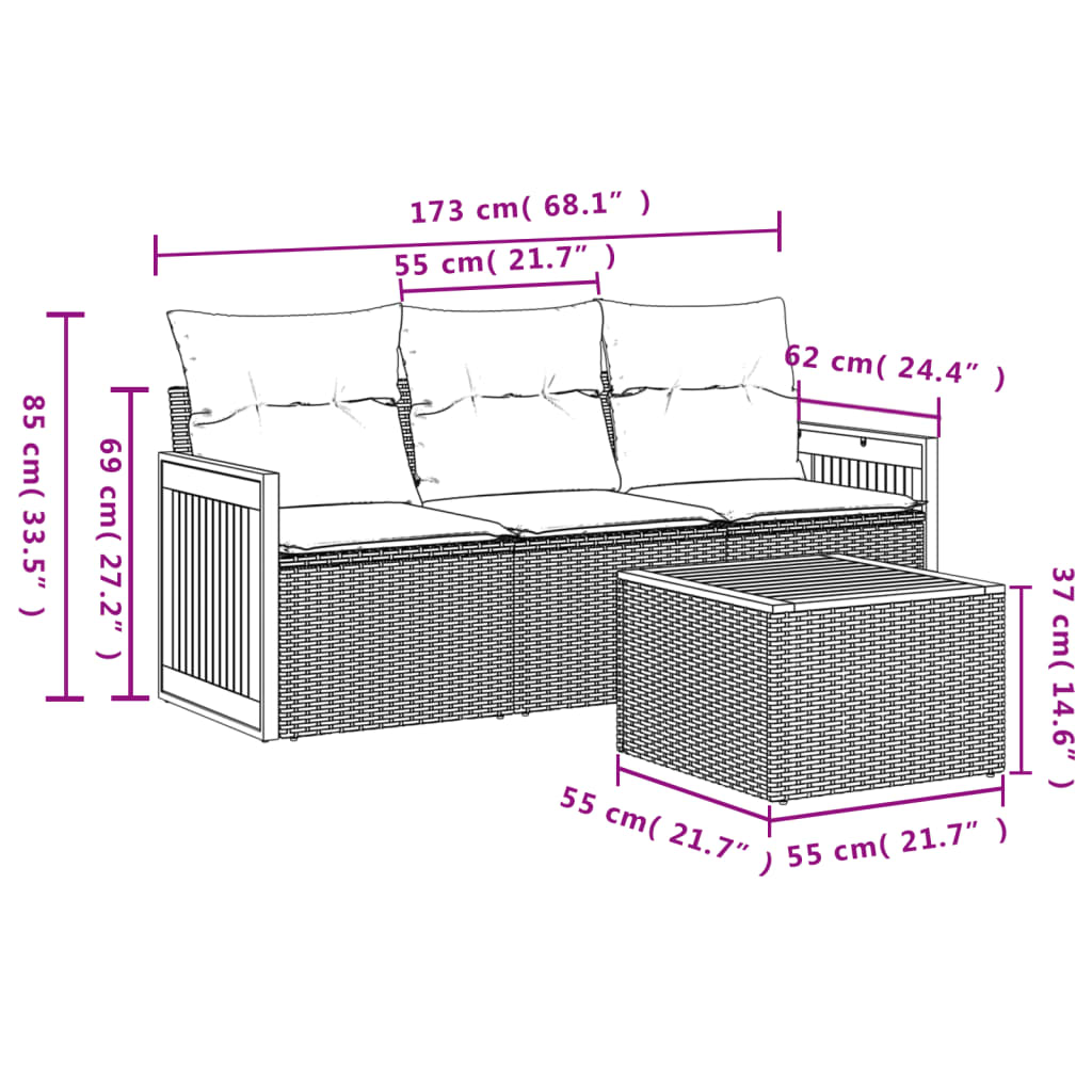 vidaXL 4-delige Loungeset met kussens poly rattan grijs afbeelding