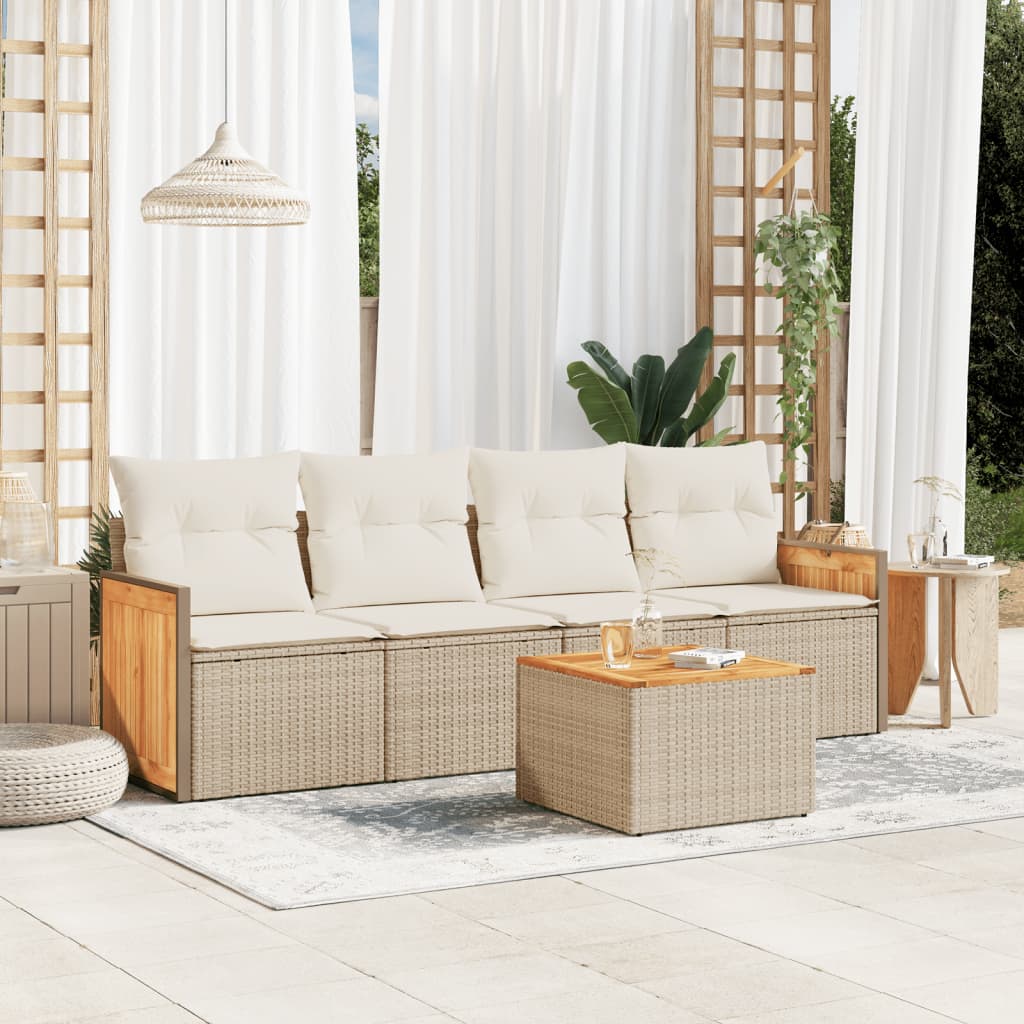 vidaXL 5-tlg. Garten-Sofagarnitur mit Kissen Beige Poly Rattan