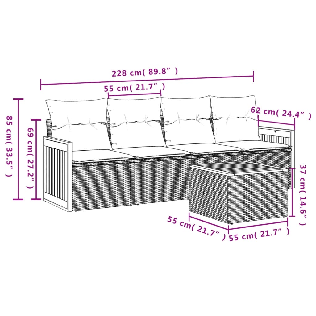 vidaXL 5-delige Loungeset met kussens poly rattan beige afbeelding