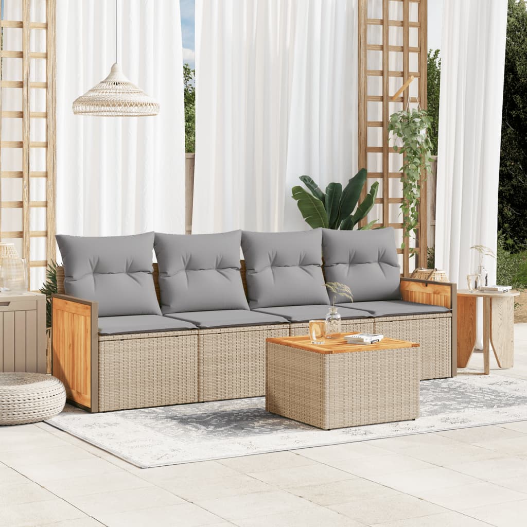 vidaXL 5-tlg. Garten-Sofagarnitur mit Kissen Beige Poly Rattan