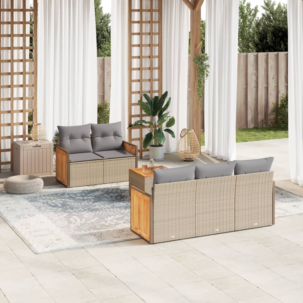 vidaXL 6-tlg. Garten-Sofagarnitur mit Kissen Beige Poly Rattan