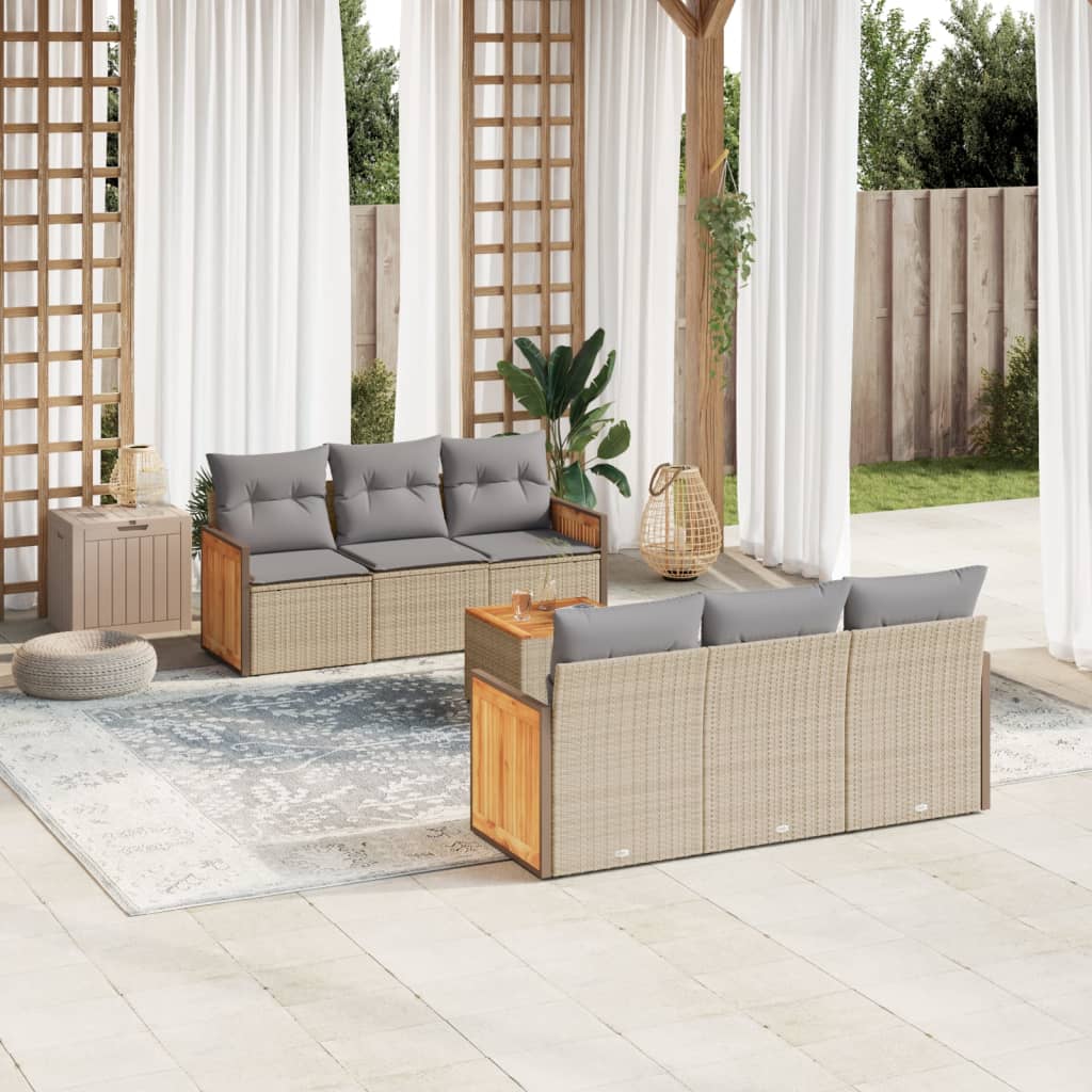 vidaXL 7-tlg. Garten-Sofagarnitur mit Kissen Beige Poly Rattan