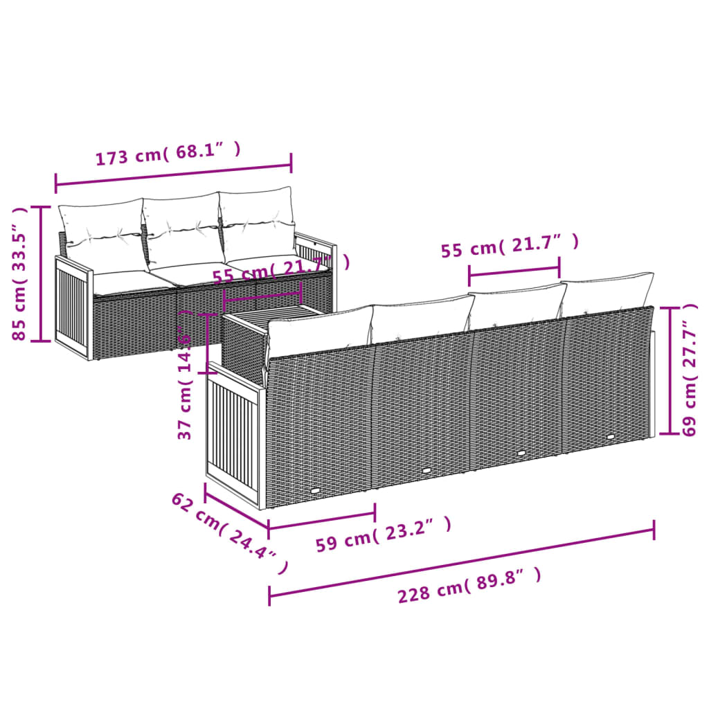 vidaXL 8-delige Loungeset met kussens poly rattan grijs afbeelding