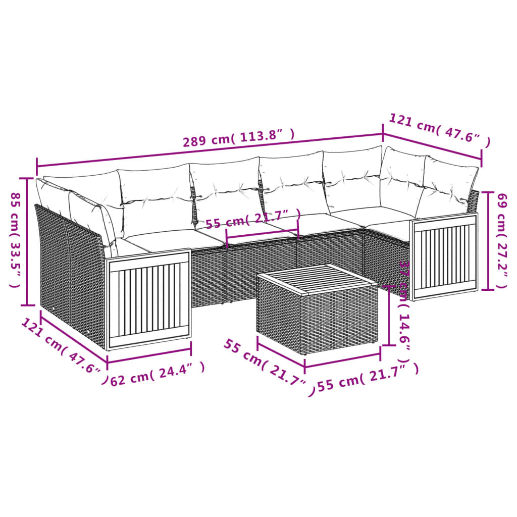 vidaXL 8 pcs conjunto de sofás p/ jardim com almofadões vime PE bege