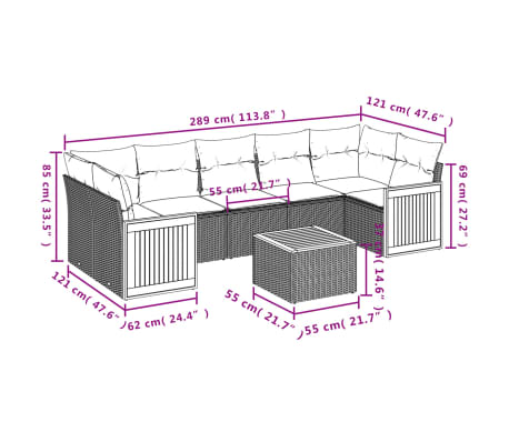 vidaXL 8 pcs conjunto de sofás p/ jardim com almofadões vime PE bege