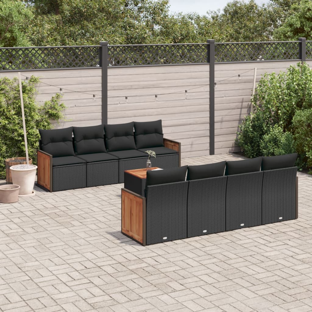 vidaXL 9-tlg. Garten-Sofagarnitur mit Kissen Schwarz Poly Rattan