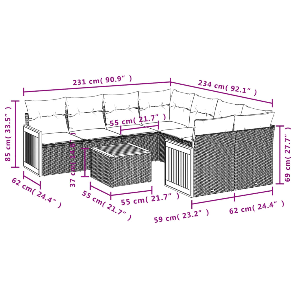 Set canapele de grădină, 9 piese, cu perne, gri, poliratan 3259911 - imagine 3