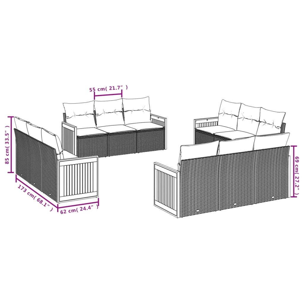 Set canapea de grădină cu perne, 12 piese, gri, poliratan 3259918 - imagine 3