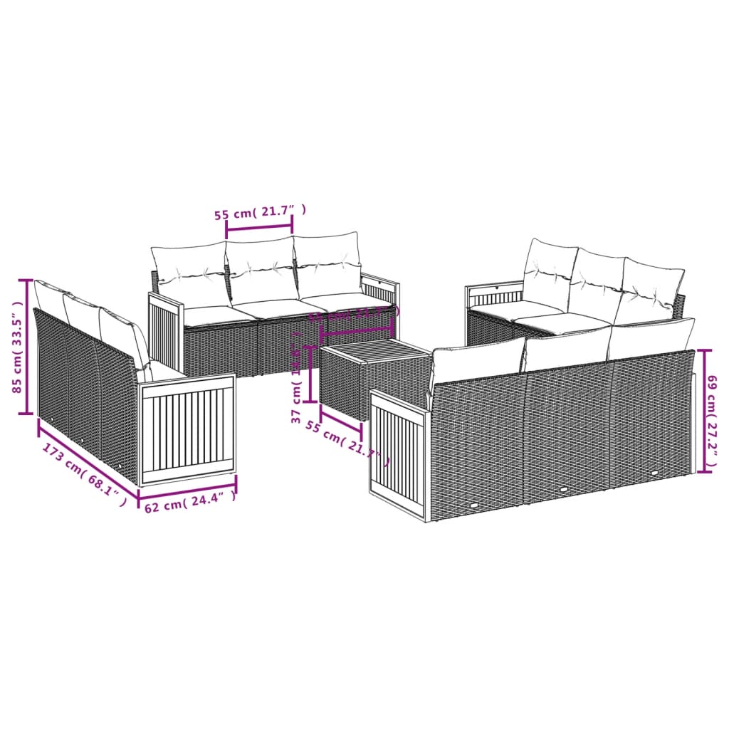 Set mobilier de grădină cu perne, 13 piese, gri, poliratan 3259925 - imagine 3