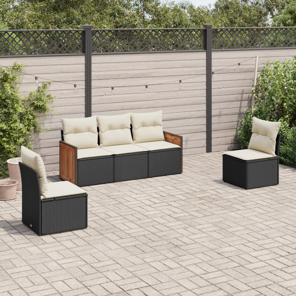 vidaXL 5-tlg. Garten-Sofagarnitur mit Kissen Schwarz Poly Rattan