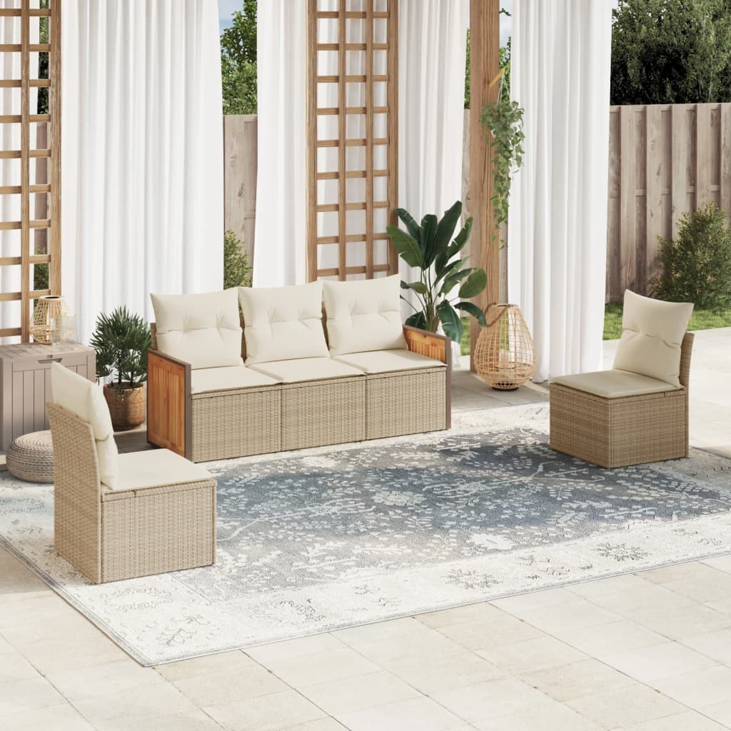 5-tlg. Garten-Sofagarnitur mit Kissen Beige Poly Rattan