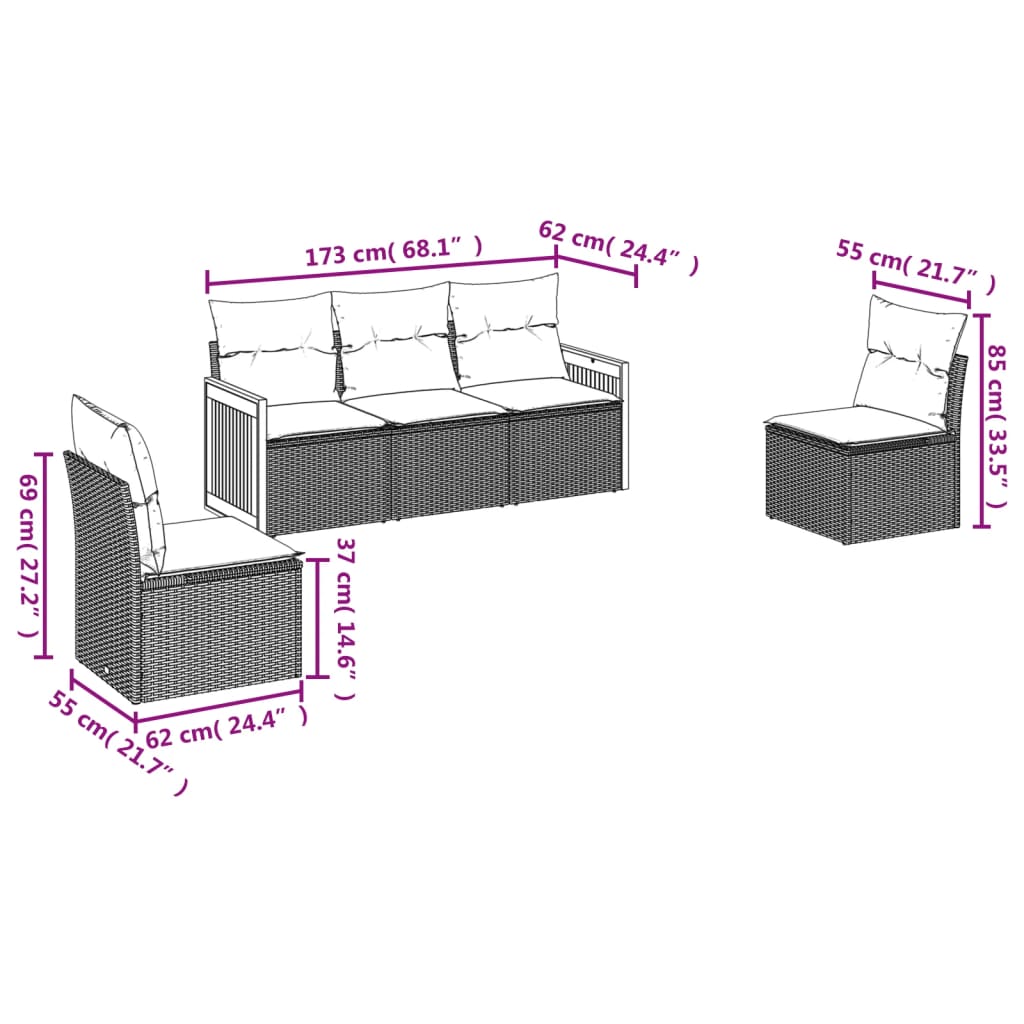 vidaXL 5-delige Loungeset met kussens poly rattan beige afbeelding