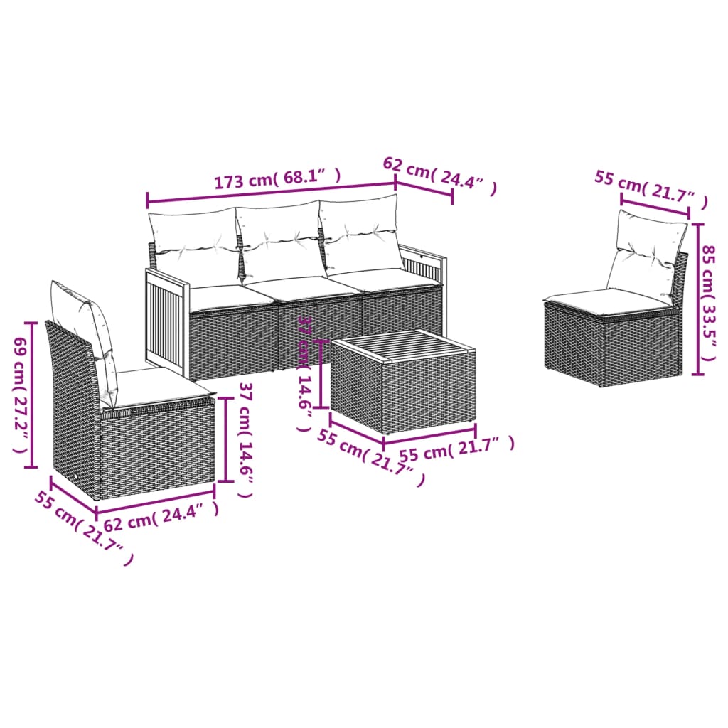 vidaXL 6-delige Loungeset met kussens poly rattan zwart afbeelding