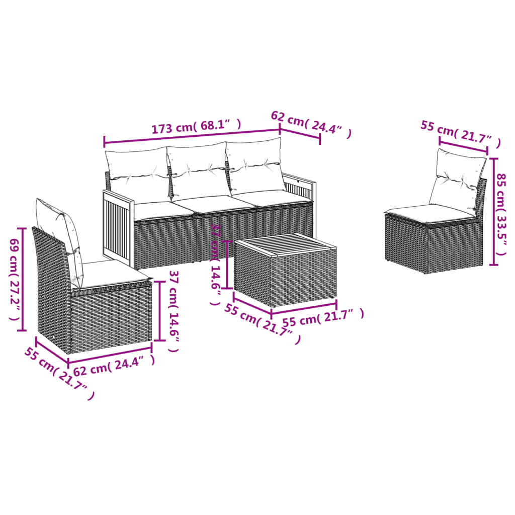 vidaXL 6-delige Loungeset met kussens poly rattan zwart afbeelding