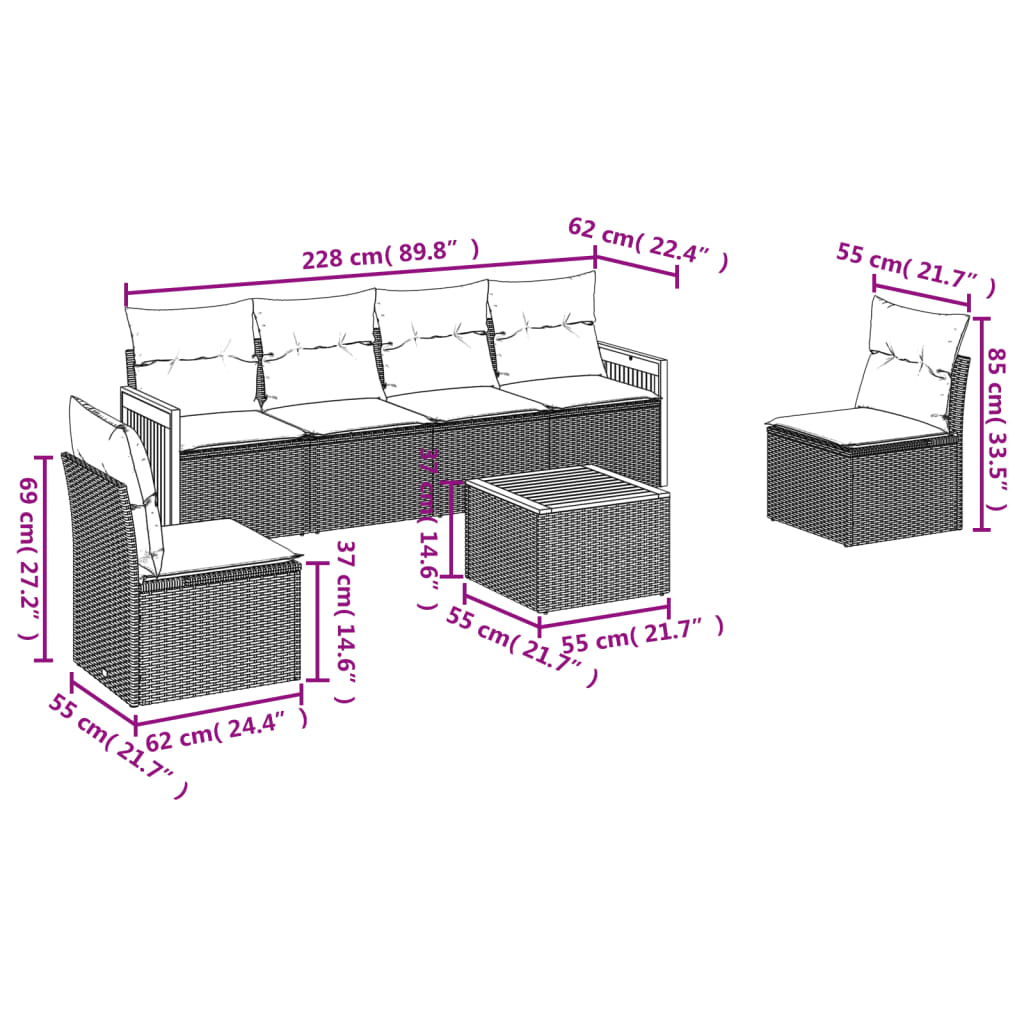vidaXL 7-delige Loungeset met kussens poly rattan zwart afbeelding