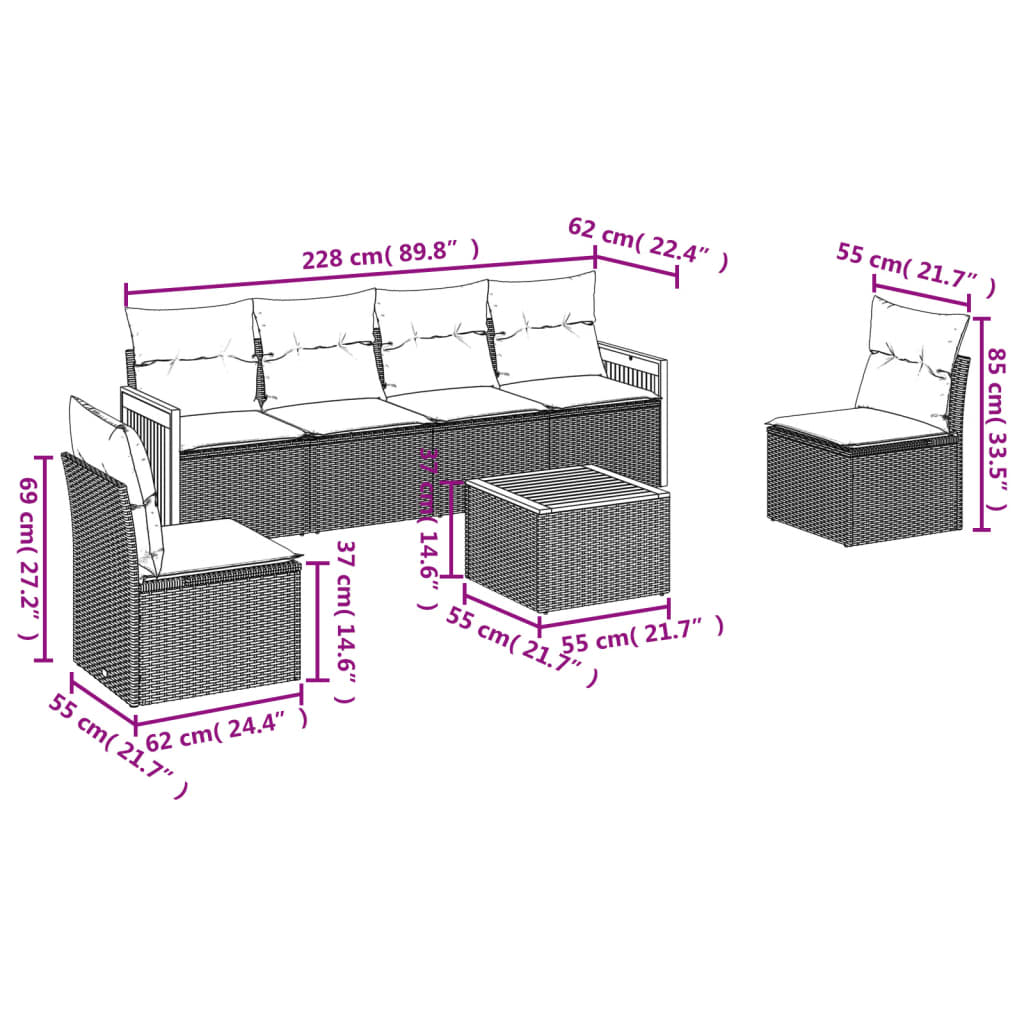 vidaXL 7-delige Loungeset met kussens poly rattan beige afbeelding