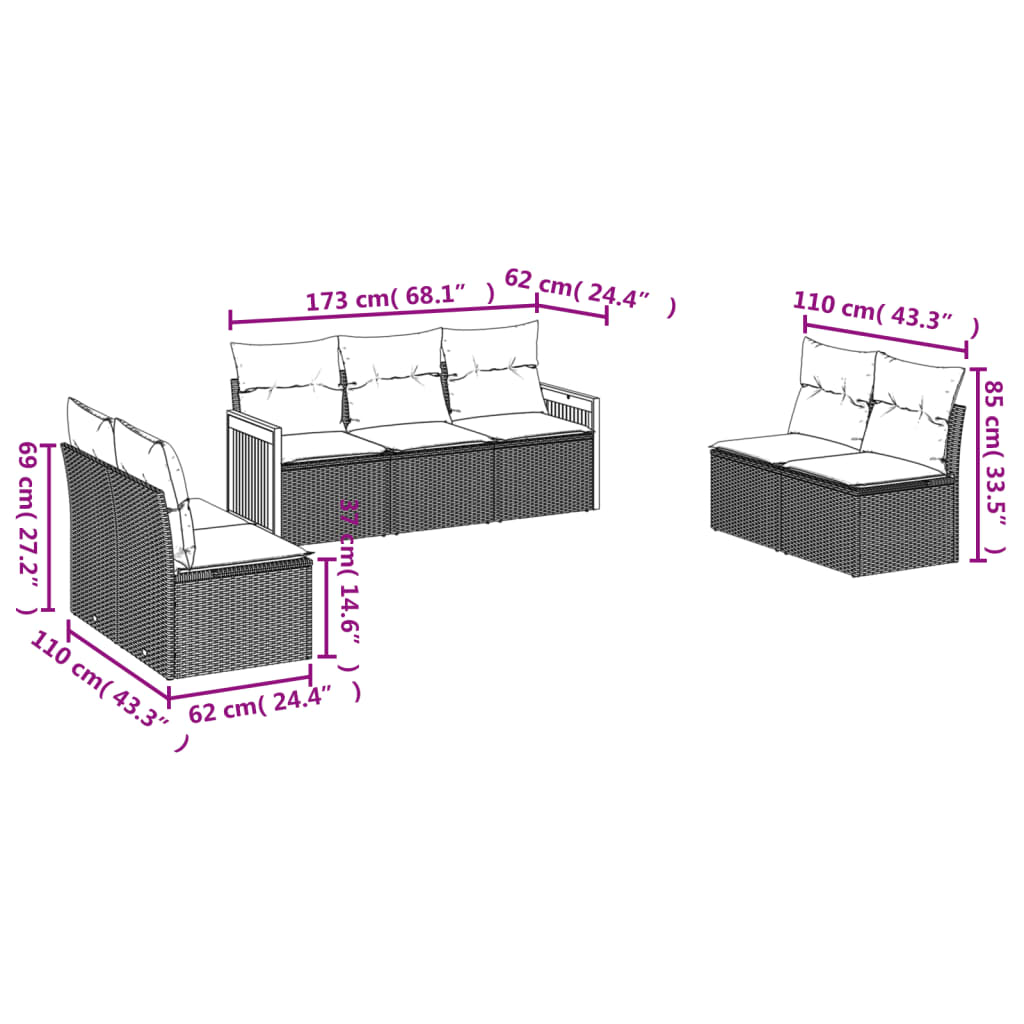 vidaXL 7-delige Loungeset met kussens poly rattan zwart afbeelding