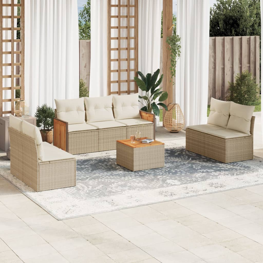 vidaXL 8-tlg. Garten-Sofagarnitur mit Kissen Beige Poly Rattan