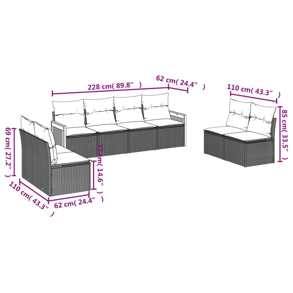 vidaXL 8-delige Loungeset met kussens poly rattan grijs afbeelding
