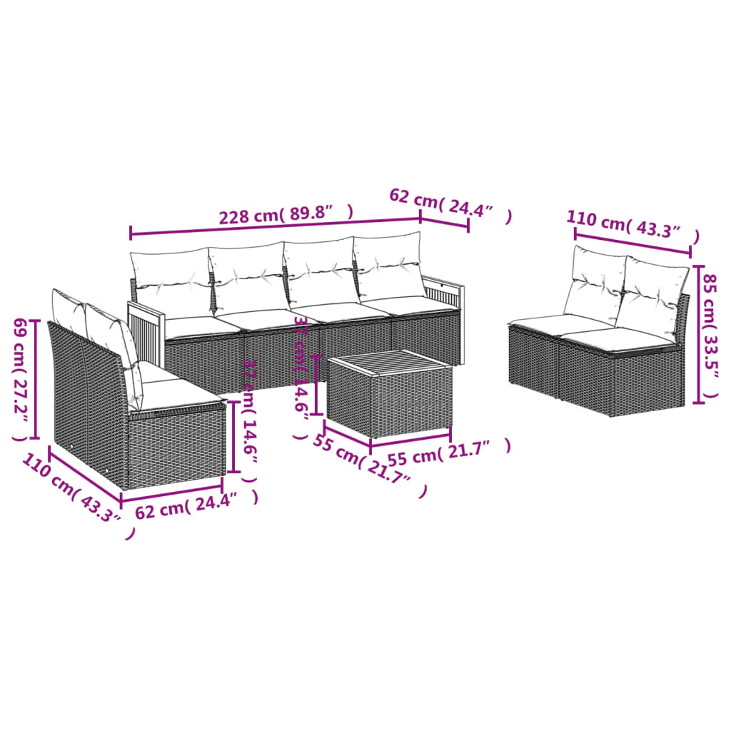 Set mobilier de grădină cu perne, 9 piese, negru, poliratan 3259977 - imagine 3