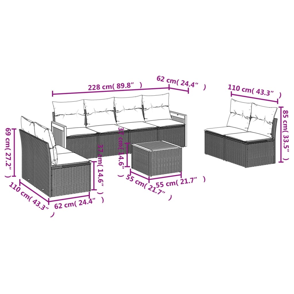 vidaXL 9-delige Loungeset met kussens poly rattan grijs afbeelding