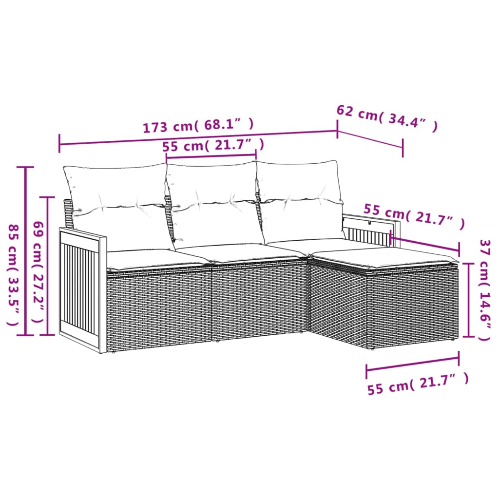 vidaXL 4-delige Loungeset met kussens poly rattan beige afbeelding