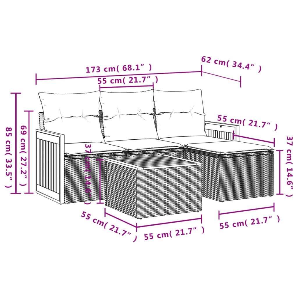 Set mobilier de grădină cu perne, 5 piese, negru, poliratan 3259991 - imagine 3