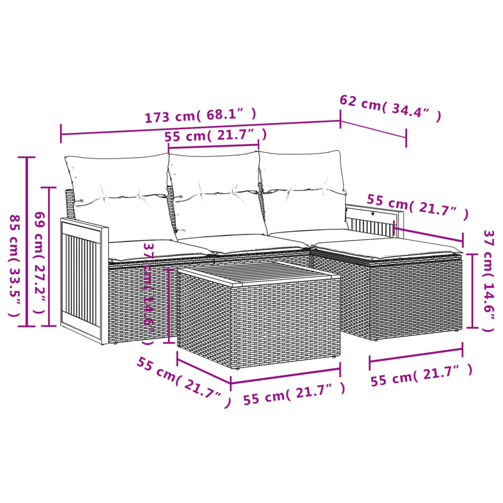 vidaXL 5-delige Loungeset met kussens poly rattan grijs afbeelding
