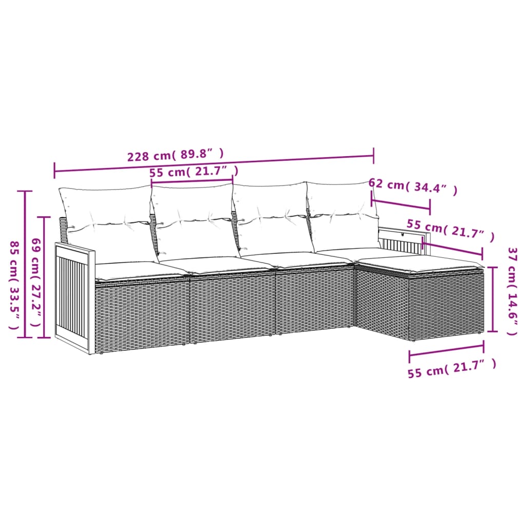 vidaXL 5-delige Loungeset met kussens poly rattan beige afbeelding