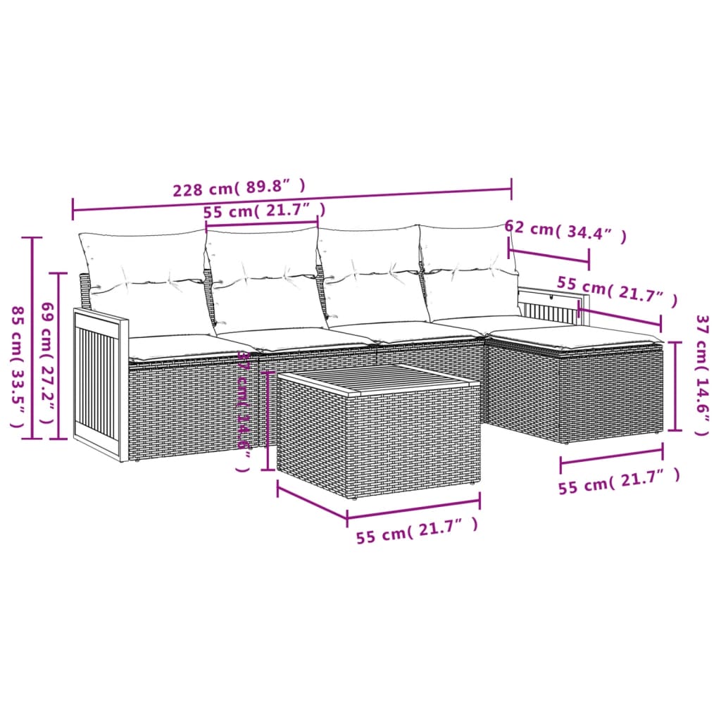 vidaXL 6-delige Loungeset met kussens poly rattan zwart afbeelding