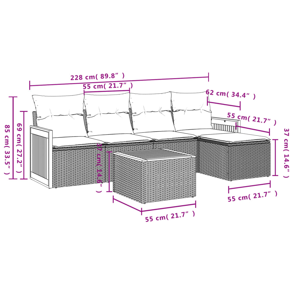 vidaXL 6-delige Loungeset met kussens poly rattan grijs afbeelding