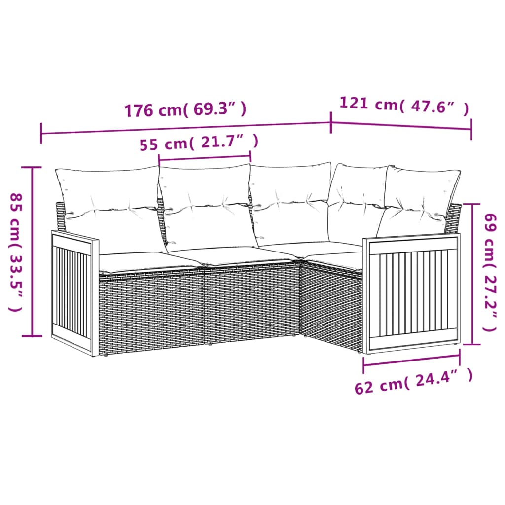 Set canapea de grădină cu perne, 4 piese, gri, poliratan 3260016 - imagine 3