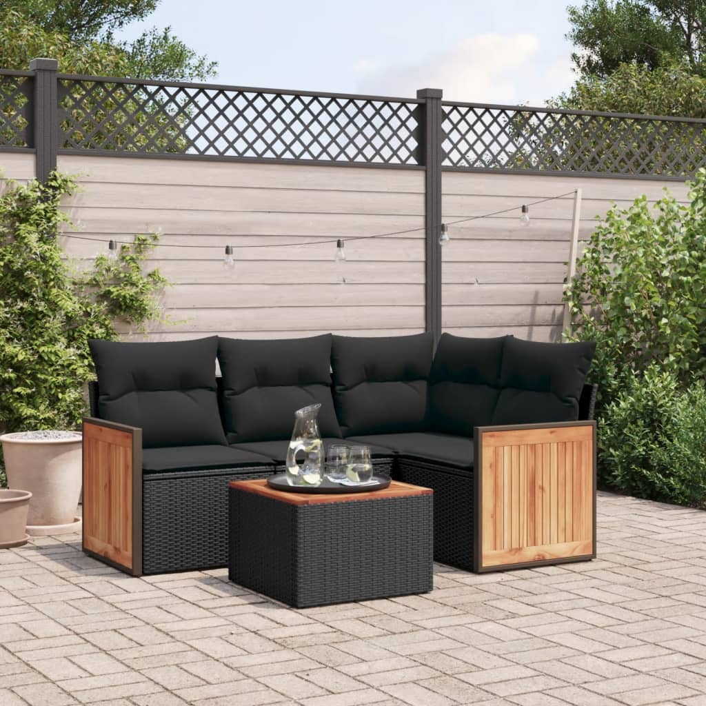 vidaXL 5-tlg. Garten-Sofagarnitur mit Kissen Schwarz Poly Rattan