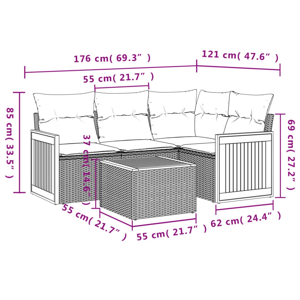 Set canapea de grădină cu perne, 5 piese, gri, poliratan 3260023 - imagine 3