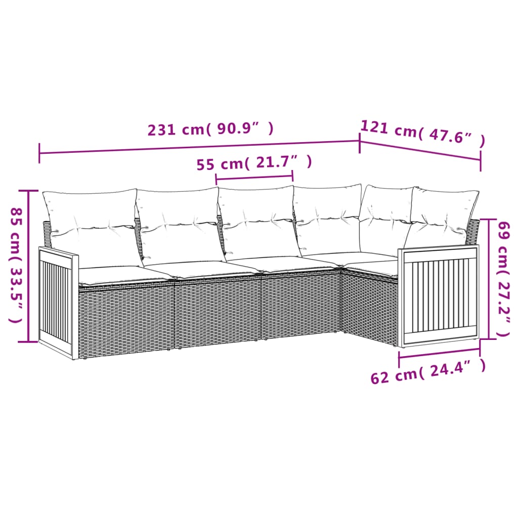 vidaXL 5-delige Loungeset met kussens poly rattan zwart afbeelding