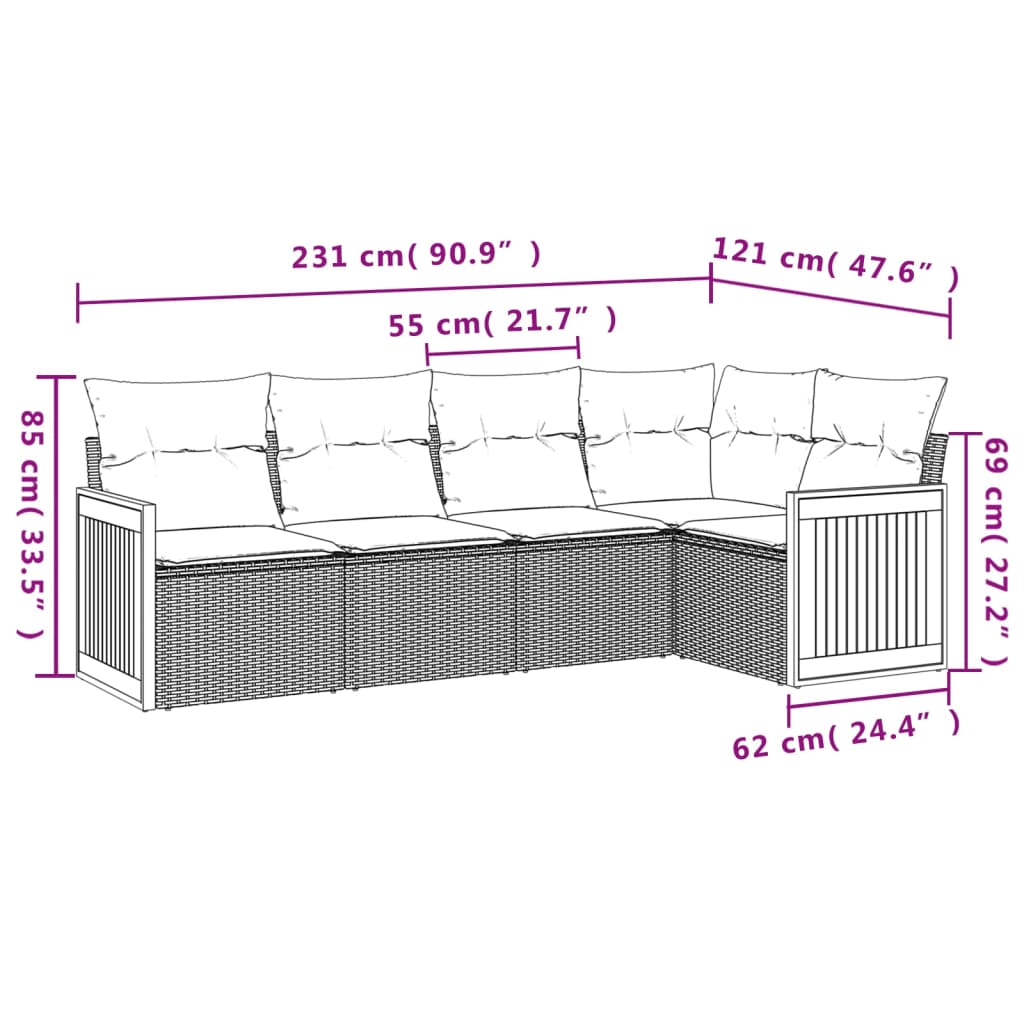 Set mobilier de grădină cu perne, 5 piese, negru, poliratan 3260026 - imagine 3