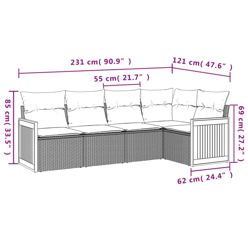 Set canapea de grădină cu perne, 5 piese, gri, poliratan 3260030 - imagine 3
